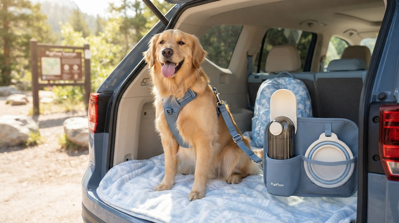 A golden retriever sits safely in a car with a PupFlow travel water bottle, collapsible bowl, and adjustable seat belt.