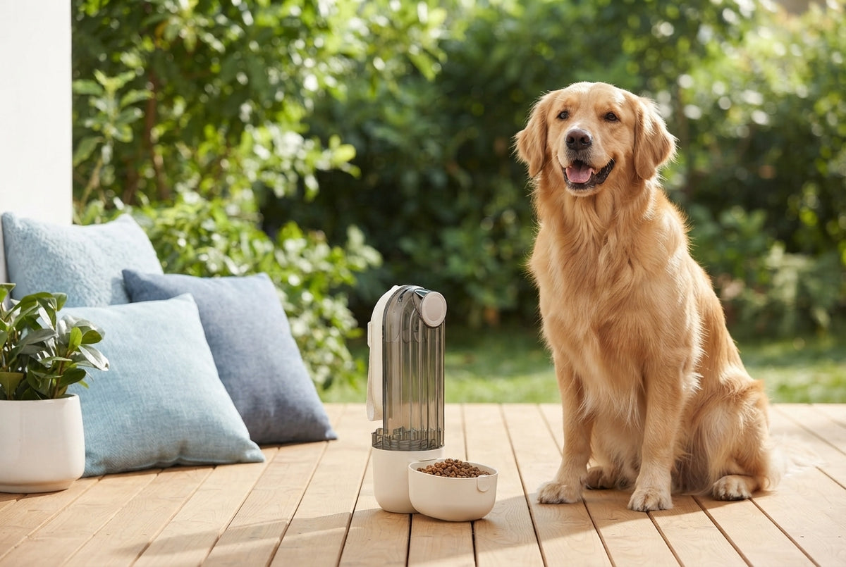 A happy dog sitting beside a PupFlow 2-in-1 Travel Water Bottle on a bright patio with blue-toned cushions and plants.